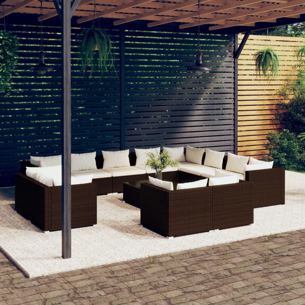 vidaXL Set Divani da Giardino 13 pz con Cuscini in Polyrattan Marrone