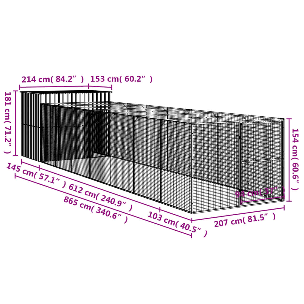 vidaXL Casetta Cani con Corsa Antracite 214x865x181 cm Acciaio Zincato