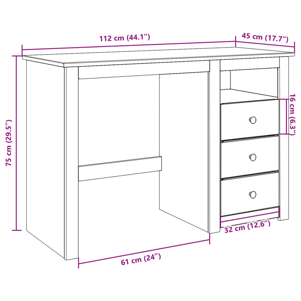 vidaXL Scrivania Panama 112x45x75 cm Legno Massello di Pino