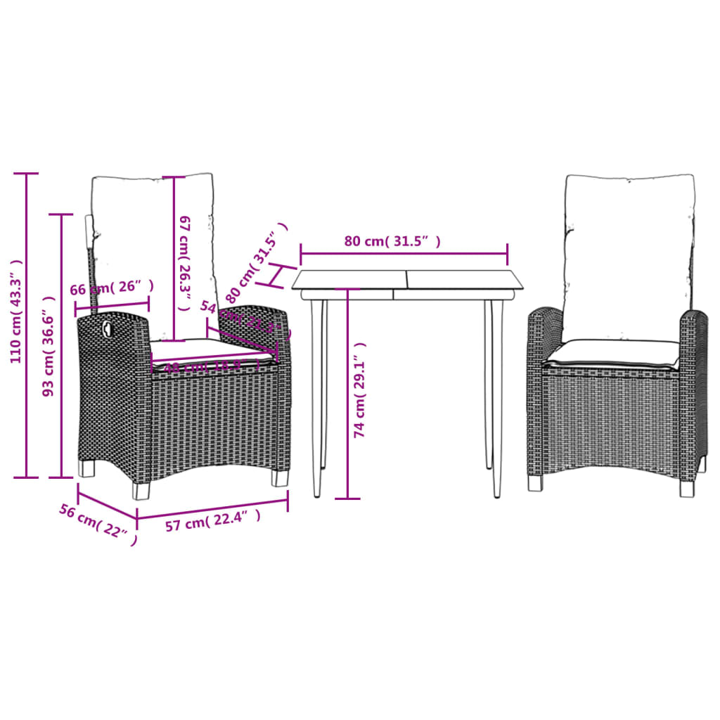 vidaXL Set da Pranzo da Giardino 3pz con Cuscini in Polyrattan Marrone