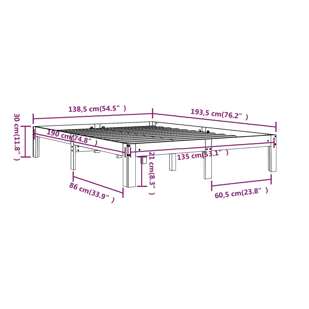 vidaXL Giroletto Nero in Legno Massello 135x190 cm Double