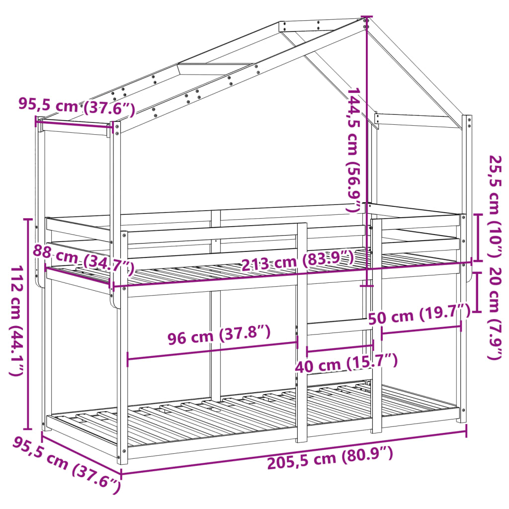 vidaXL Letto a Castello con Tetto Cera 90x200 cm Legno Massello Pino