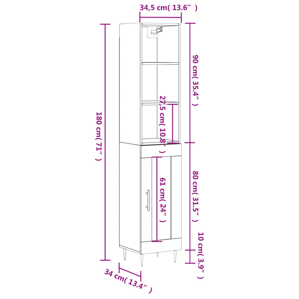 vidaXL Credenza Rovere Sonoma 34,5x34x180 cm in Legno Multistrato