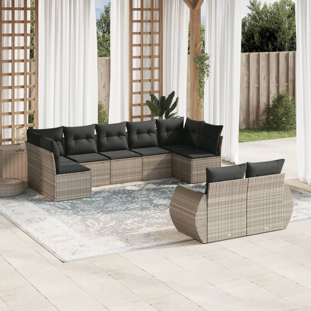 vidaXL Set Divano da Giardino 9pz con Cuscini Grigio Chiaro Polyrattan