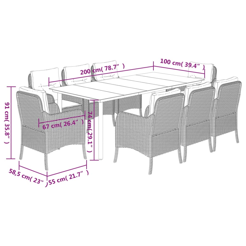 vidaXL Set da Pranzo da Giardino 9 pz con Cuscini Nero in Polyrattan