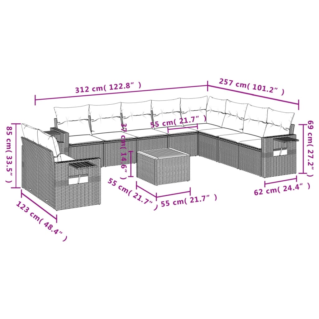 vidaXL Set Divani da Giardino 11 pz con Cuscini in Polyrattan Grigio