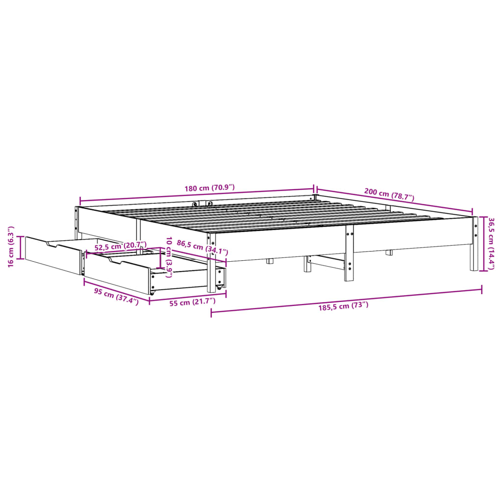 vidaXL Letto senza Materasso Bianco 180x200 cm Legno Massello di Pino