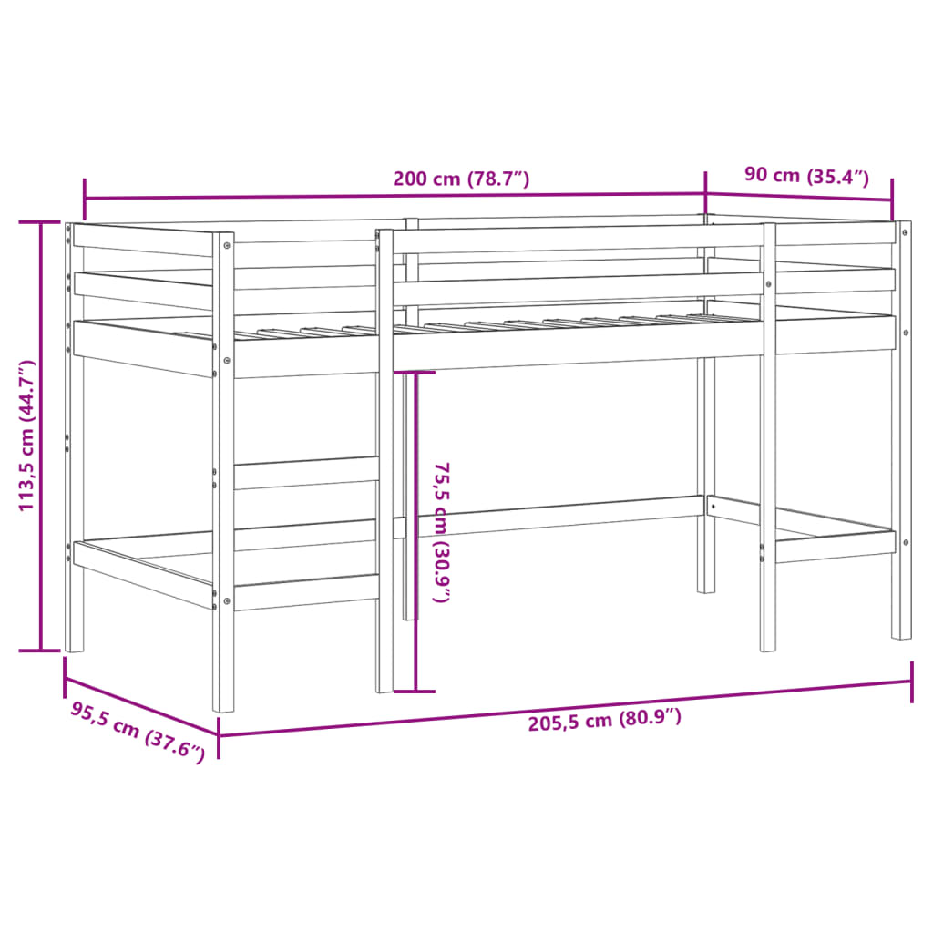 vidaXL Letto a Soppalco con Tende Bambini Rosa 90x200 cm Massello Pino