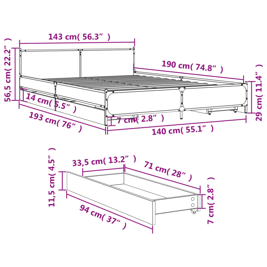 vidaXL Giroletto Cassetti Rovere Sonoma 140x190 cm Legno Multistrato