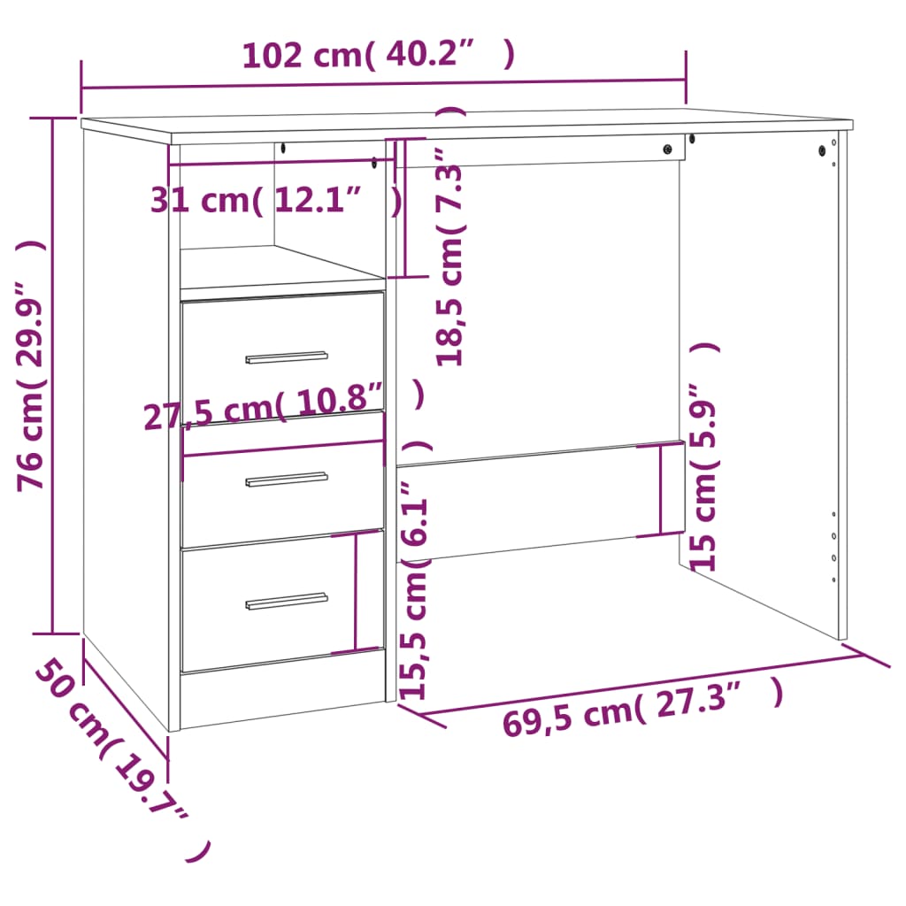 vidaXL Scrivania con Cassetti Bianca 102x50x76 cm in Legno Multistrato