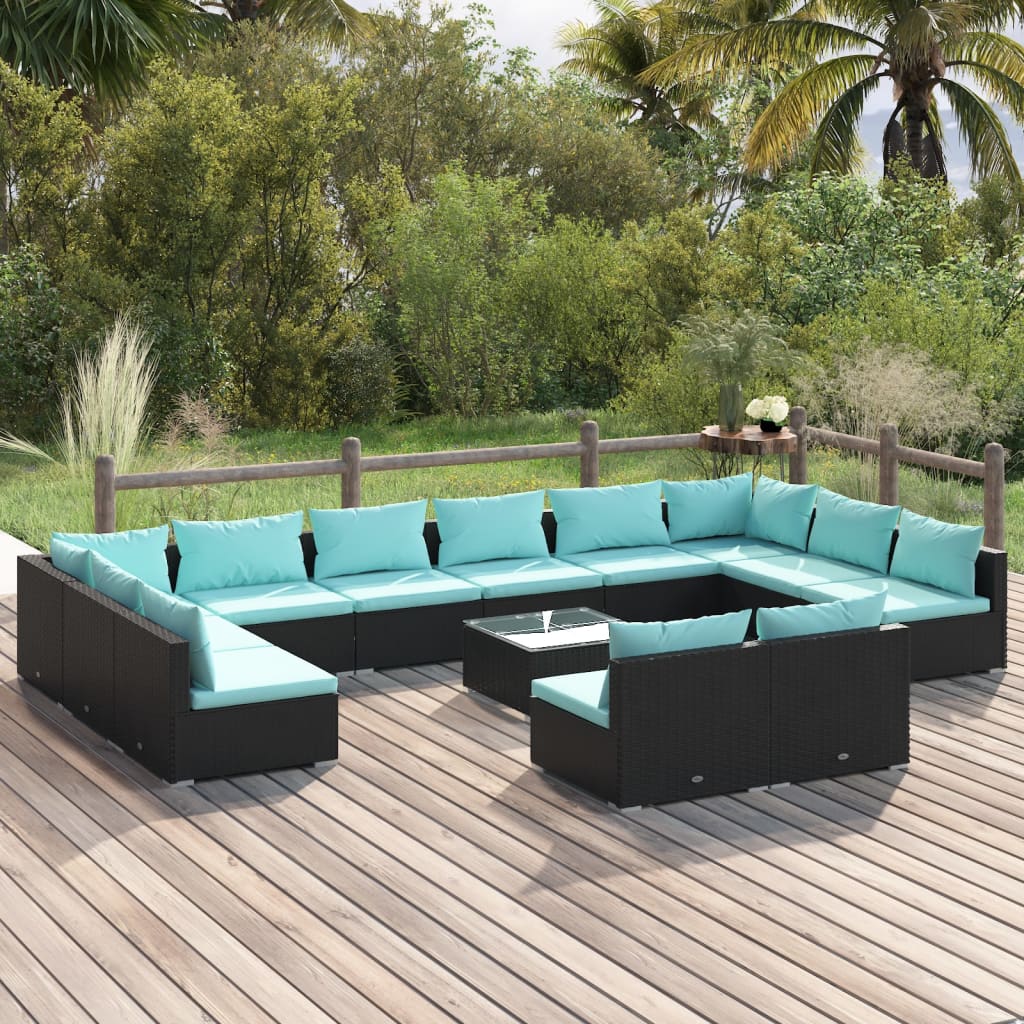 vidaXL Set Divani da Giardino 13 pz con Cuscini in Polyrattan Nero