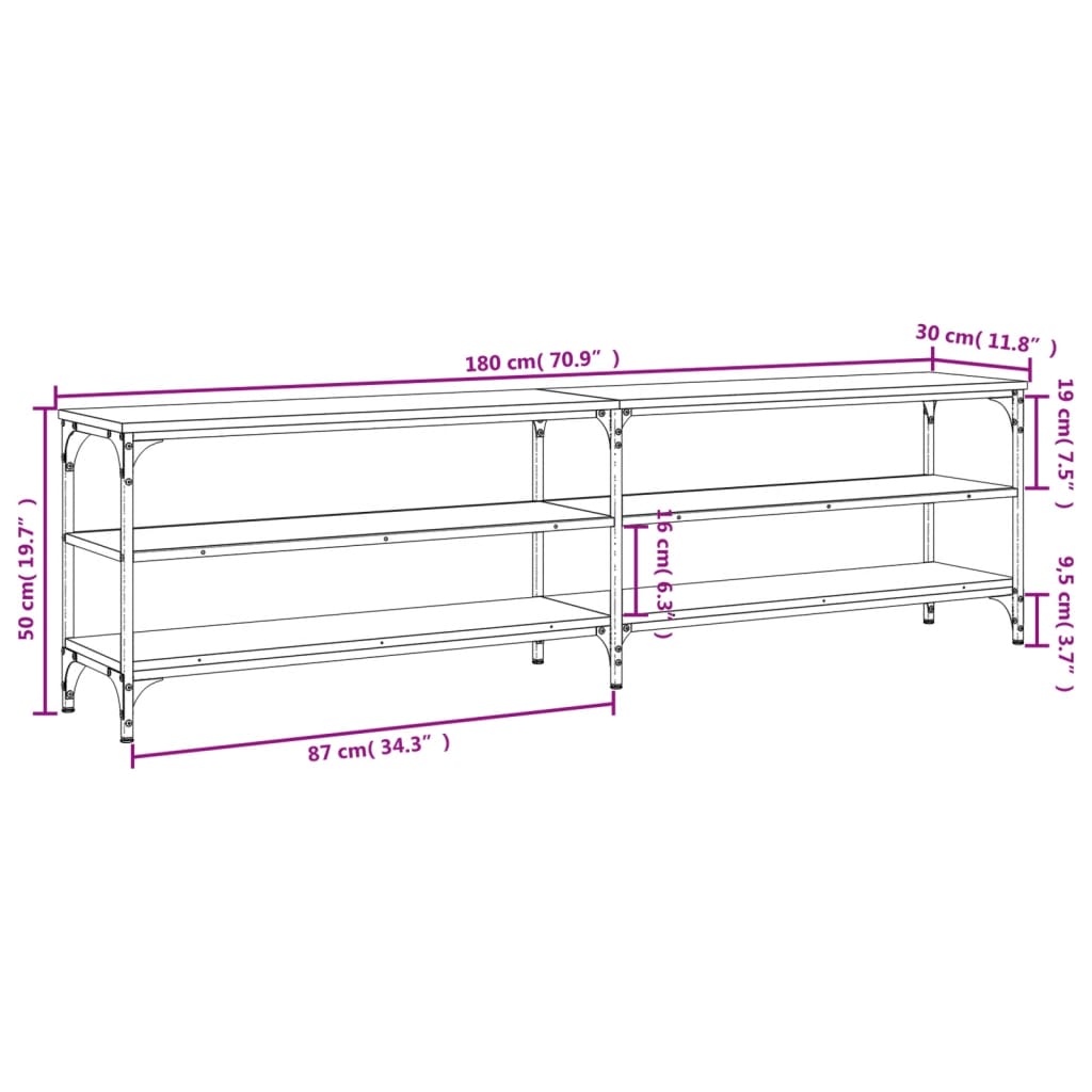 vidaXL Mobile TV Grigio Sonoma 180x30x50cm Legno Multistrato e Metallo