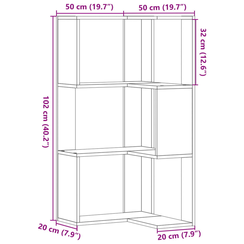 vidaXL Libreria Angolare 3 Ripiani Grigio Sonoma 50x50x102 cm Legno