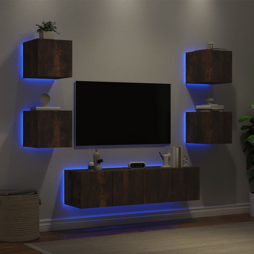 vidaXL Mobili TV a Muro con LED 6pz Rovere Fumo in Legno Multistrato