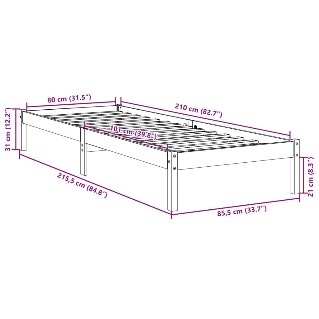 vidaXL Letto Extra Lungo senza Materasso 180x200 cm in Legno di Pino