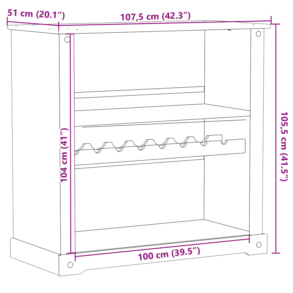 vidaXL Cantinetta per Vini Corona 107,5x51x105,5cm Legno Massello Pino