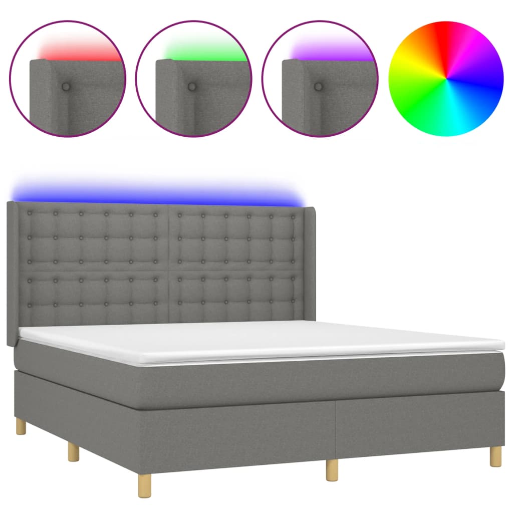 vidaXL Letto a Molle Materasso e LED Grigio Scuro 180x200cm in Tessuto