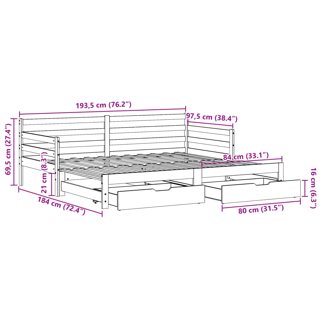 vidaXL Dormeuse Letto Estraibile e Cassetti Bianco 90x190cm Legno Pino