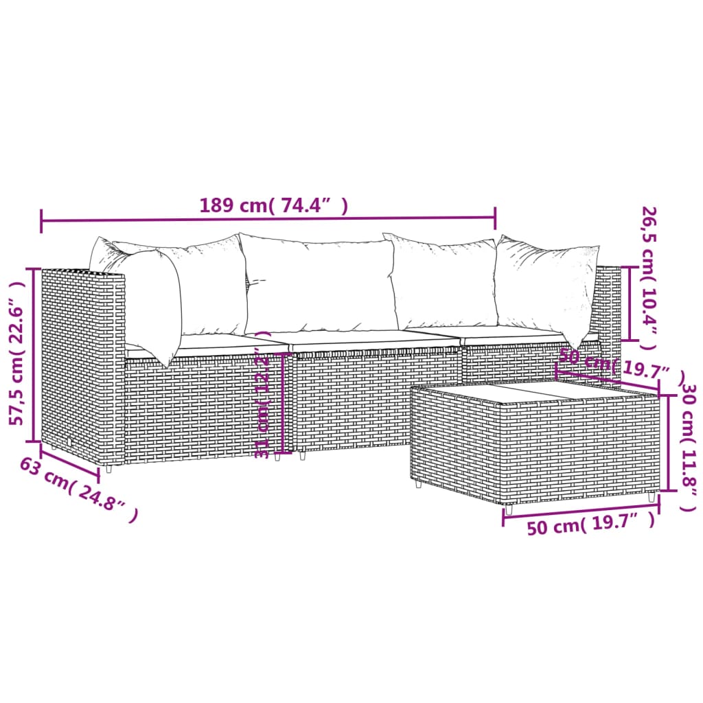 vidaXL Set Divani da Giardino 4 pz con Cuscini Nero in Polyrattan