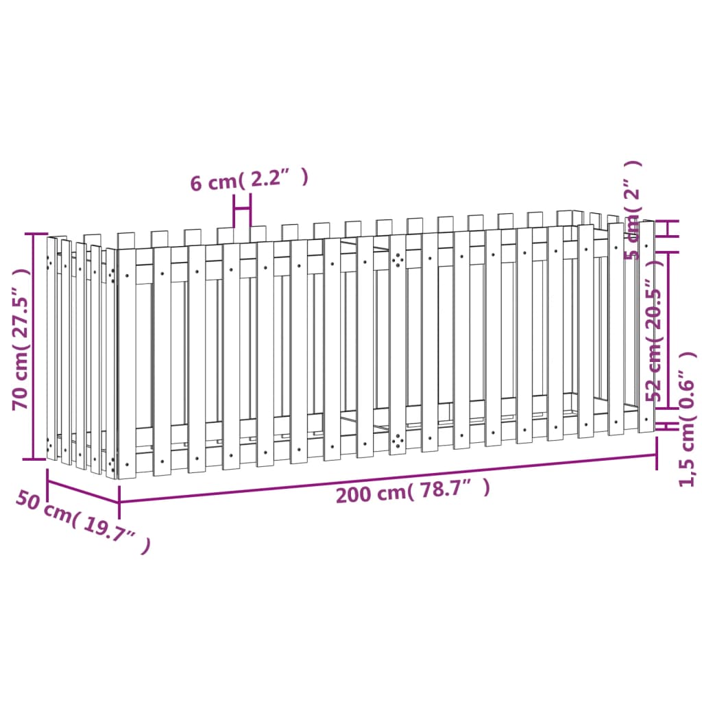 vidaXL Fioriera Giardino a Recinzione Nera 200x50x70cm Massello Pino