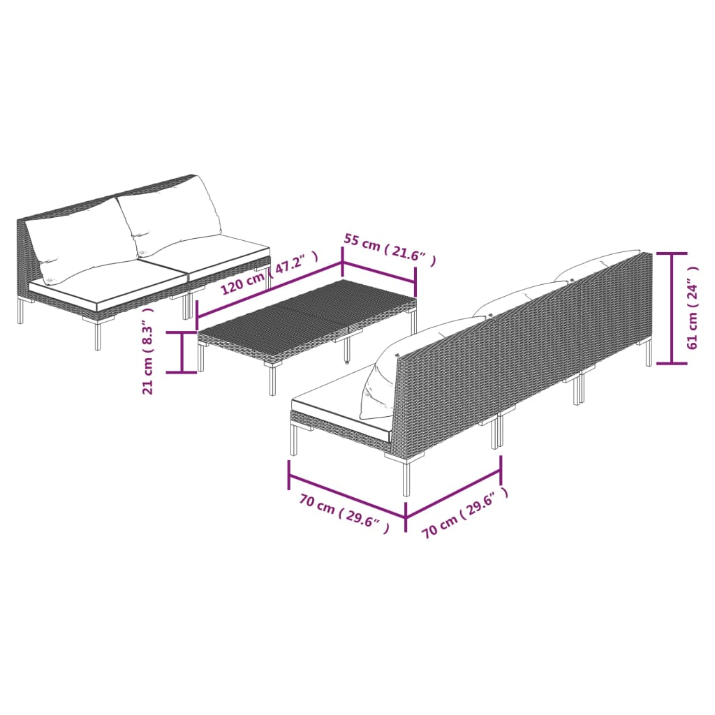 vidaXL Divani da Giardino 6 pz con Cuscini in Polyrattan Grigio Scuro