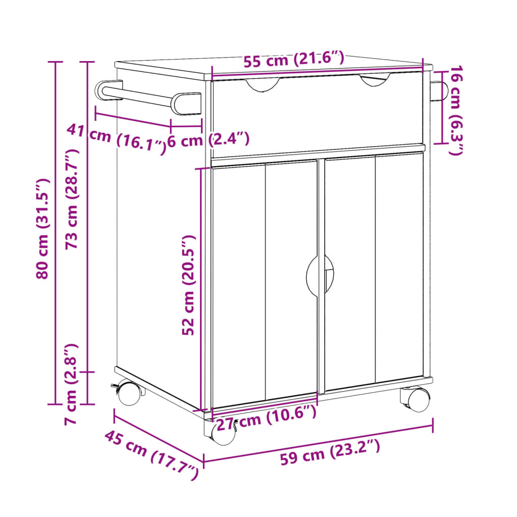 vidaXL Carrello da Cucina OTTA 59x45x80 cm in Legno Massello di Pino