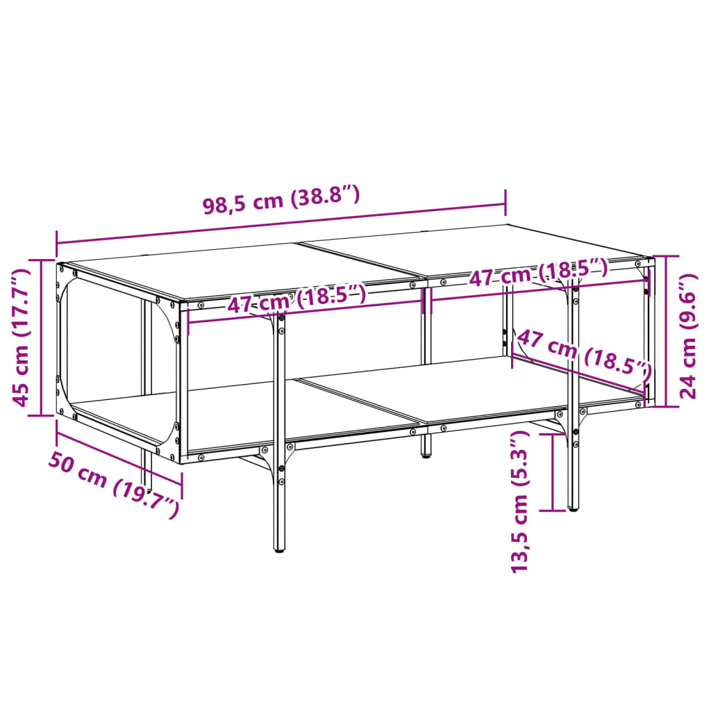 vidaXL Tavolini con Piano Vetro Trasparente 2 pz 98,5x50x45 cm Acciaio