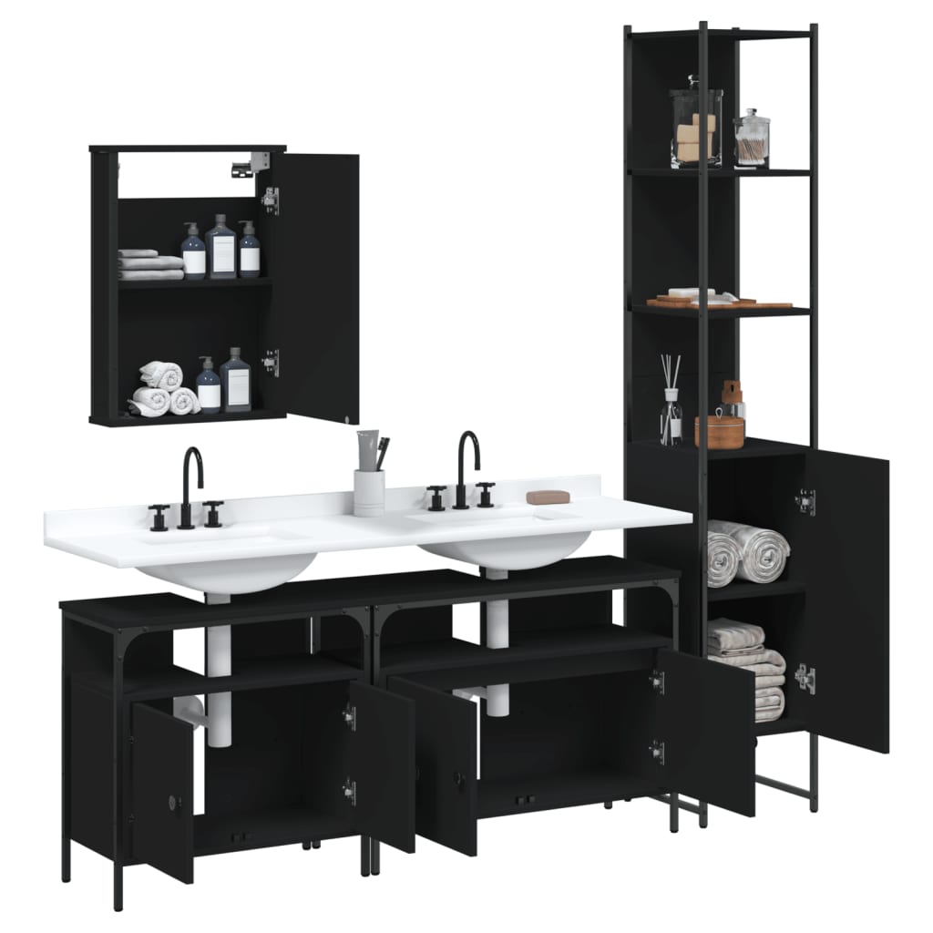 vidaXL Set Mobili da Bagno 4 pz Nero in Legno Multistrato