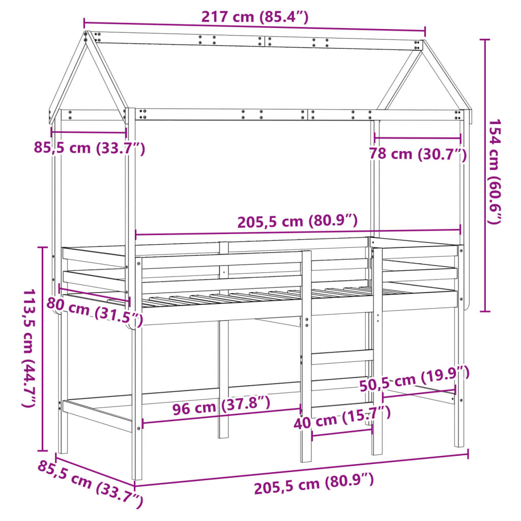 vidaXL Letto Soppalco con Scala e Tetto Bianco 80x200 cm Massello Pino