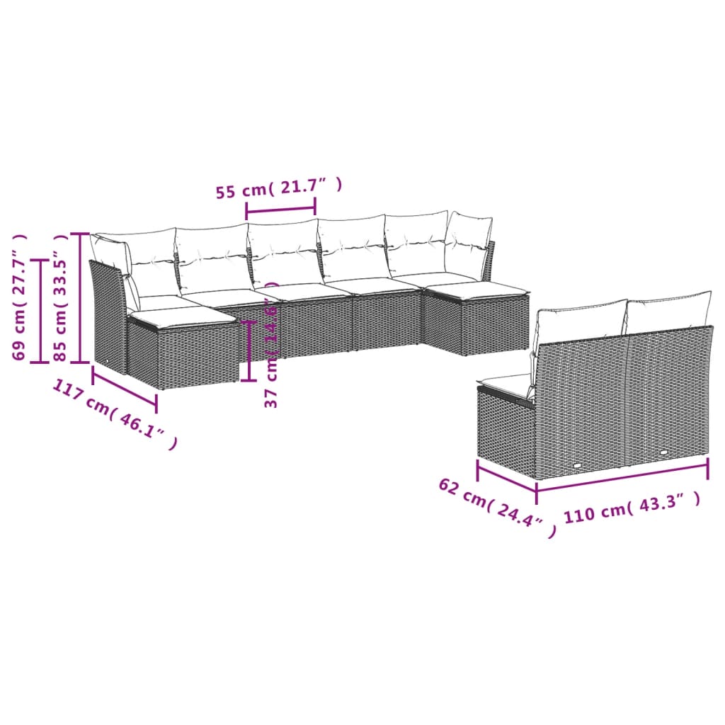 vidaXL Set Divano da Giardino 10 pz con Cuscini Grigio in Polyrattan