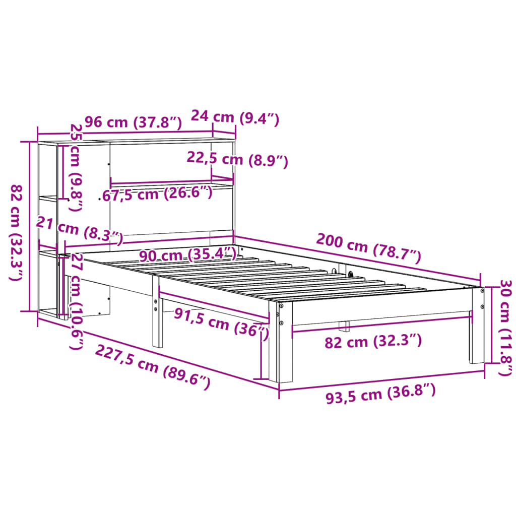 vidaXL Letto Libreria senza Materasso 90x200 cm Legno Massello Pino