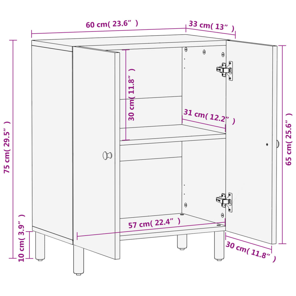 vidaXL Credenza Nera 60x33x75 cm in Legno Massello di Mango