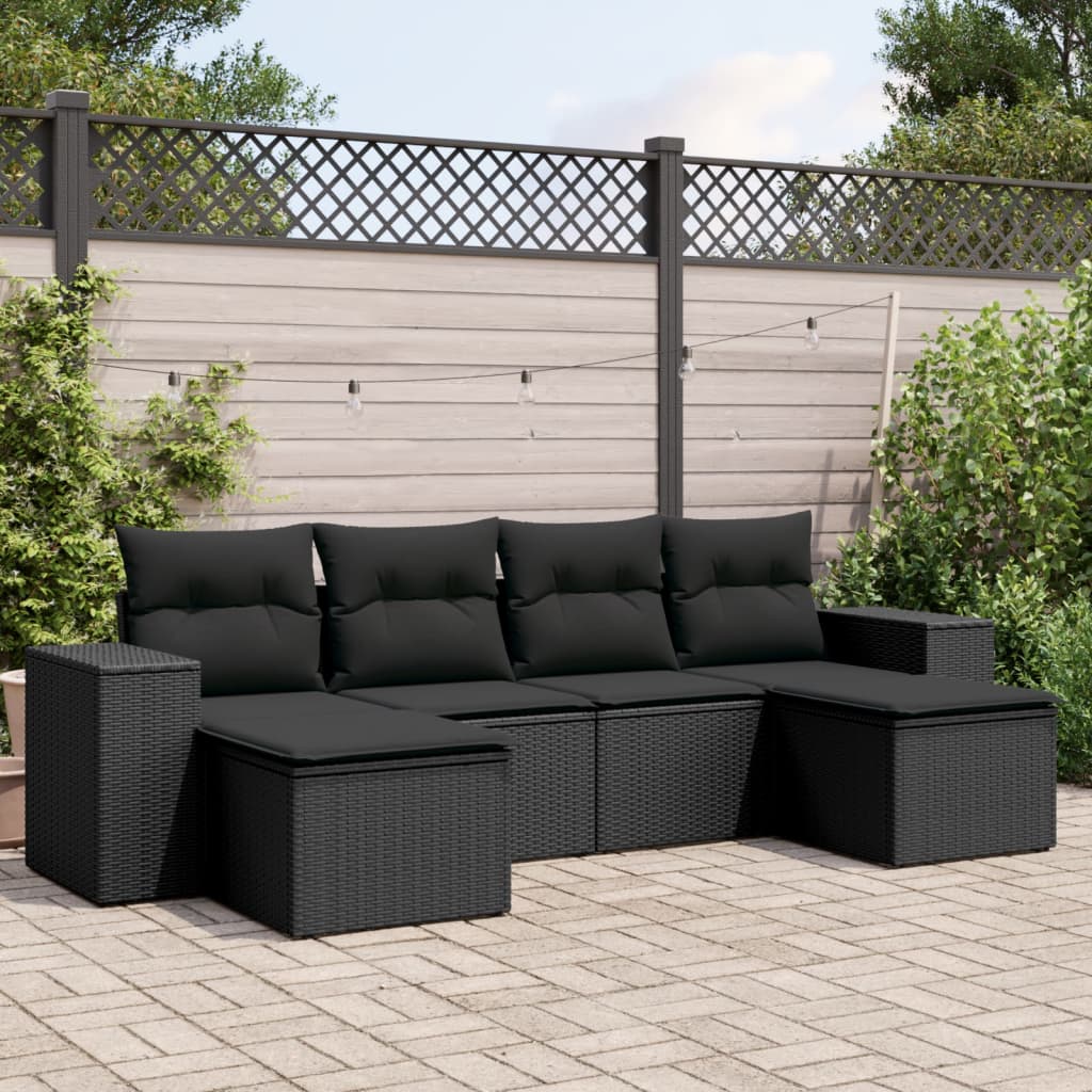 vidaXL Set Divano da Giardino 6 pz con Cuscini Nero in Polyrattan