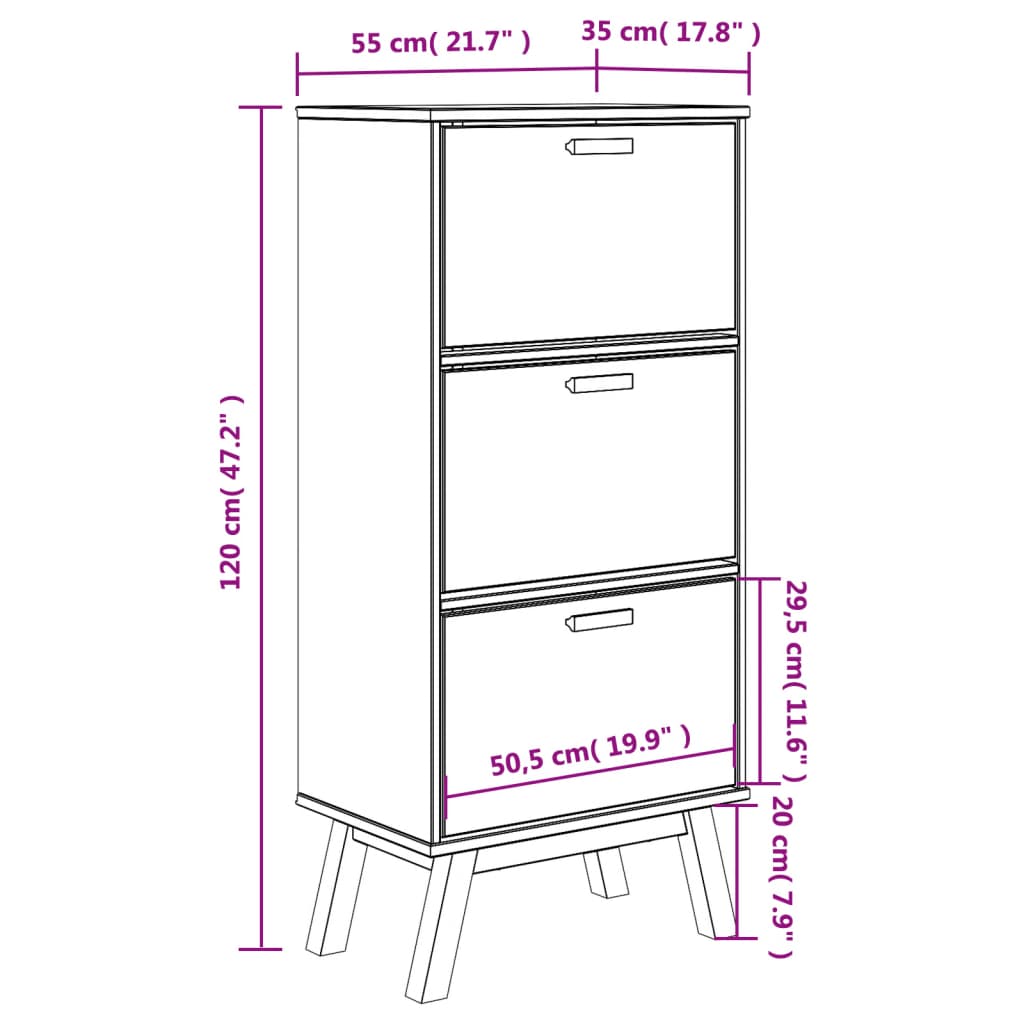 vidaXL Scarpiera OLDEN Bianca Marrone 55x35x120 cm Legno Massello Pino