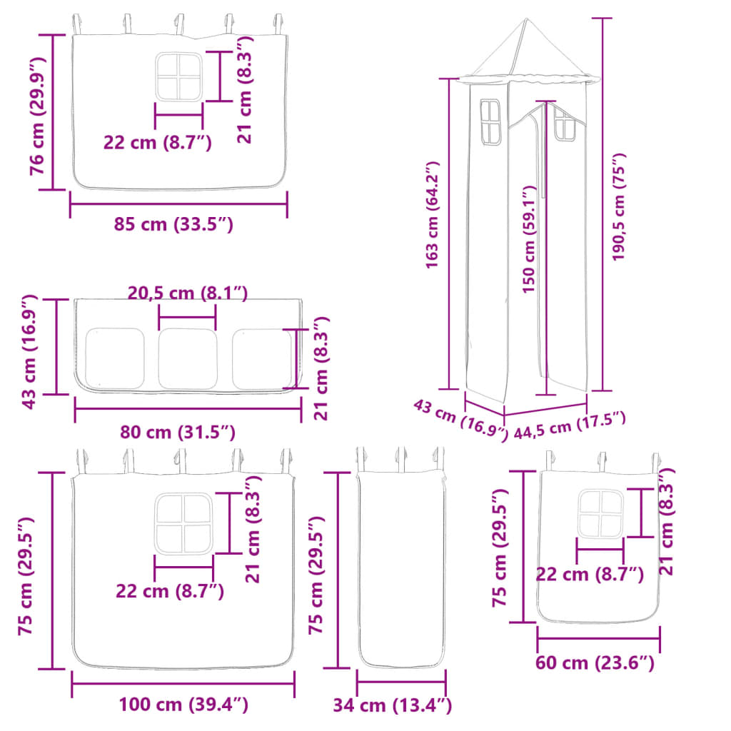 vidaXL Letto a Castello con Scivolo e Tende Blu 80x200 cm