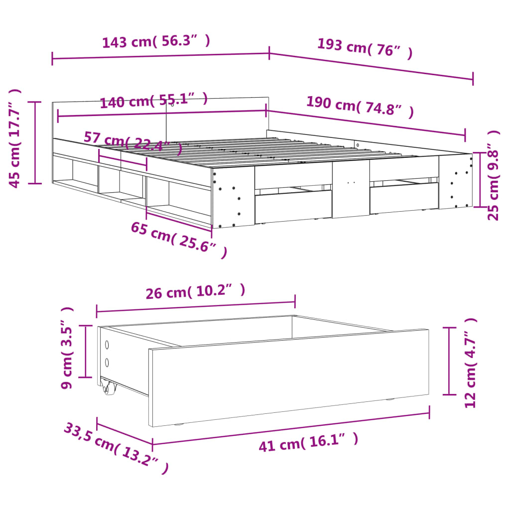 vidaXL Giroletto Cassetti Rovere Sonoma 140x190 cm Legno Multistrato