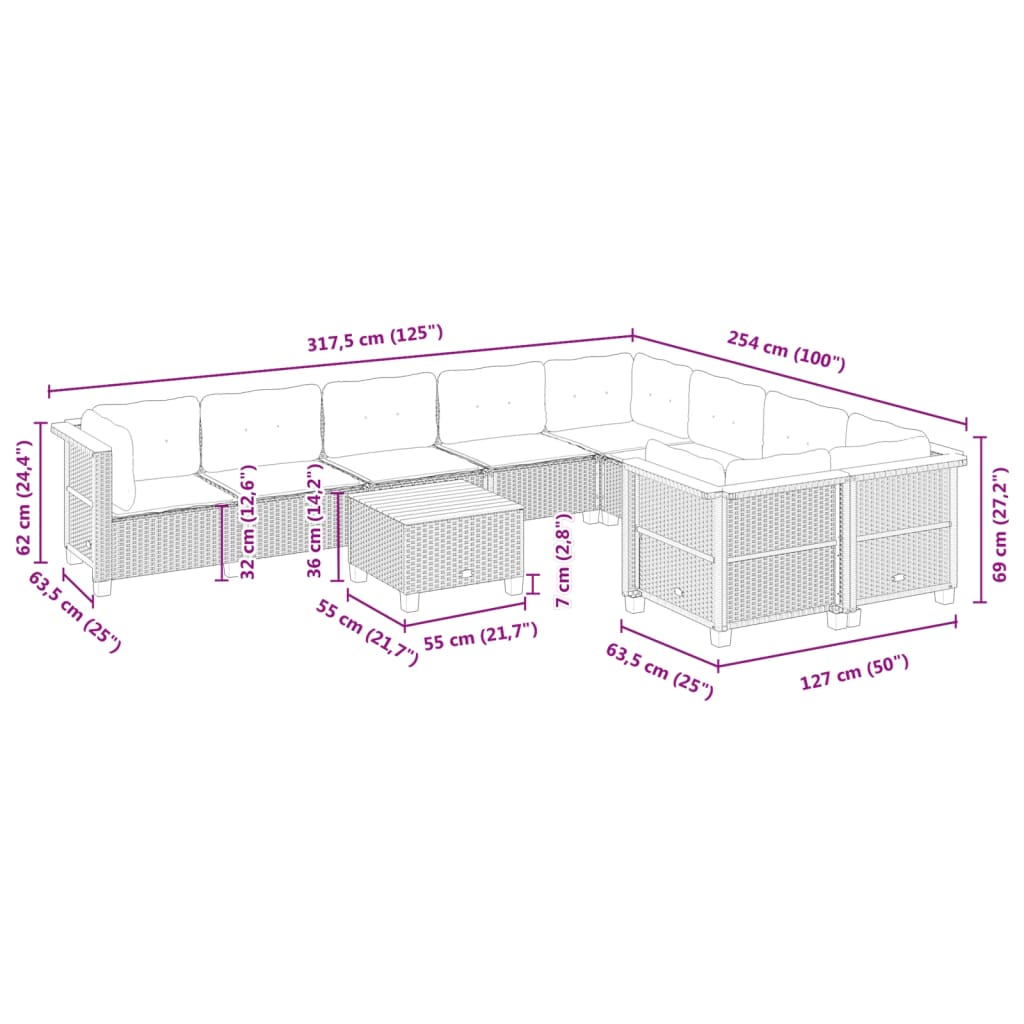 vidaXL Set Divano da Giardino 10 pz con Cuscini Grigio in Polyrattan