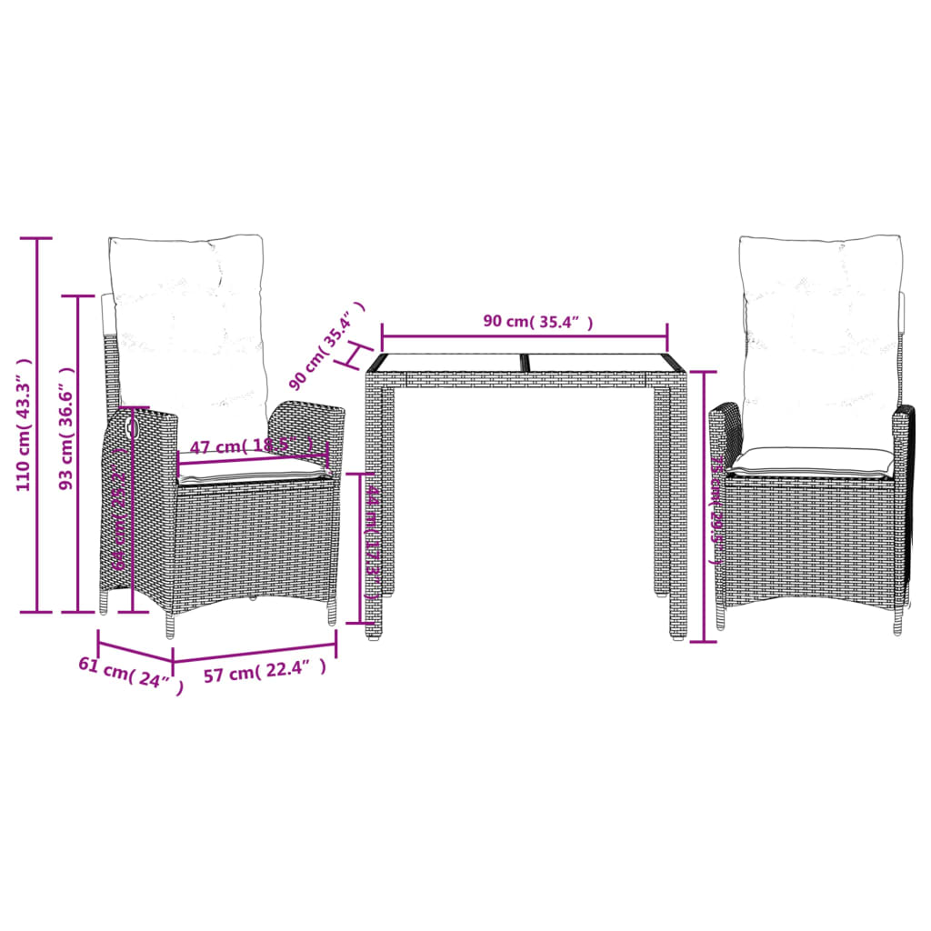 vidaXL Set da Pranzo da Giardino 3 pz con Cuscini in Polyrattan Grigio