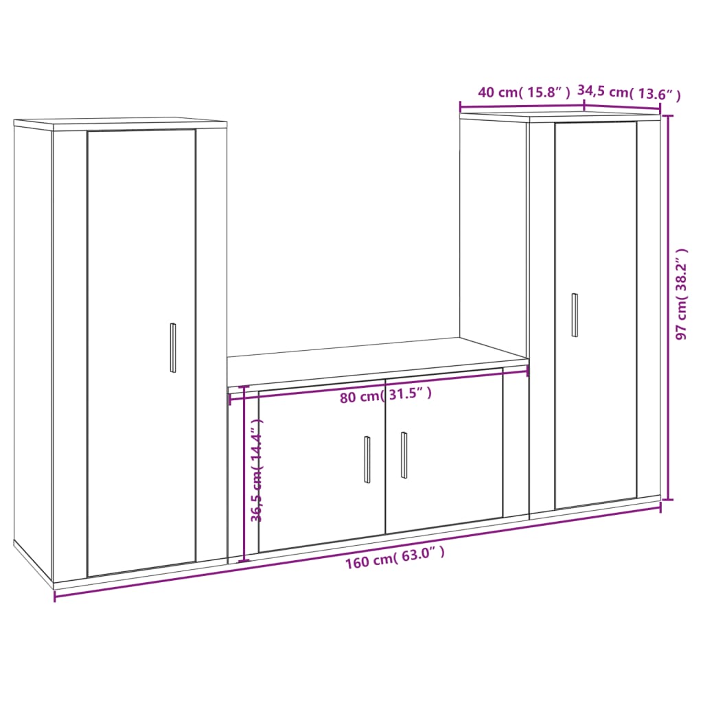 vidaXL Set Mobili Porta TV 3 pz Bianco in Legno Multistrato