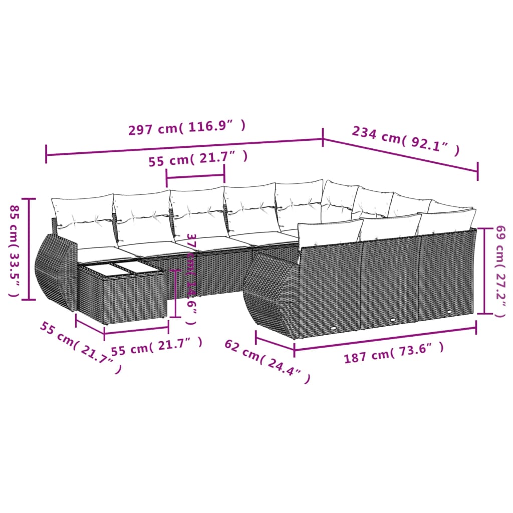 vidaXL Set Divani da Giardino 11 pz con Cuscini in Polyrattan Nero