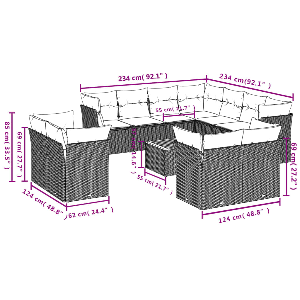 vidaXL Set Divani da Giardino 12 pz con Cuscini Nero in Polyrattan