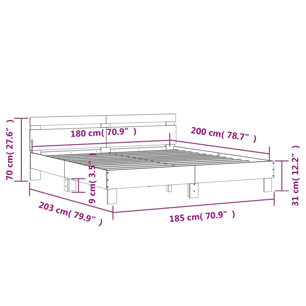 vidaXL Giroletto Testiera Grigio Sonoma 180x200 cm Legno Multistrato