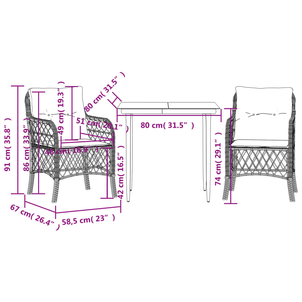 vidaXL Set da Bistrò 3 pz con Cuscini Beige Misto in Polyrattan