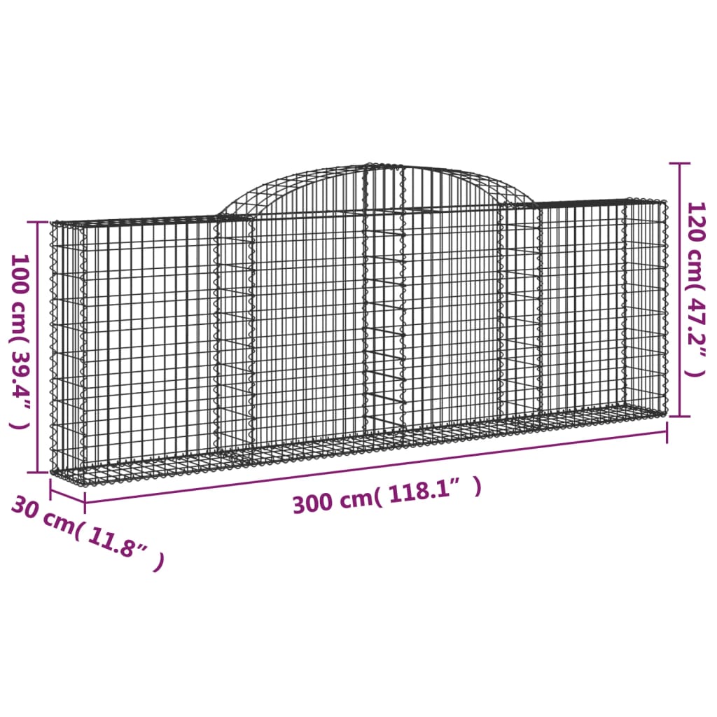 vidaXL Cesti Gabbioni ad Arco 3 pz 300x30x100/120 cm Ferro Zincato