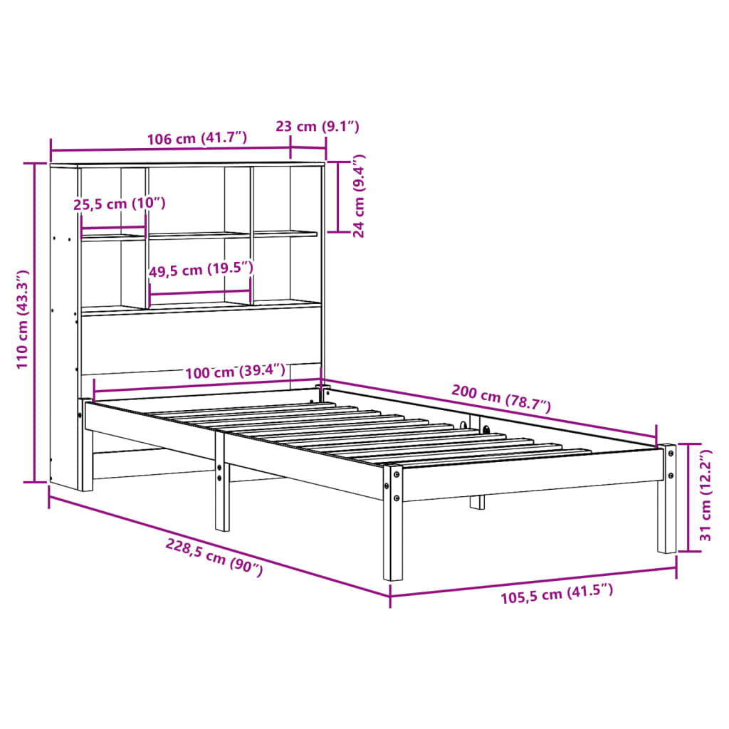 vidaXL Letto Libreria senza Materasso 100x200 cm in Legno di Pino