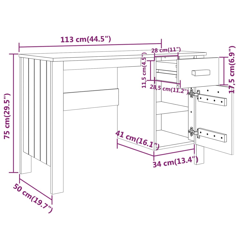 vidaXL Scrivania HAMAR Grigio Scuro 113x50x75 cm in Legno di Pino