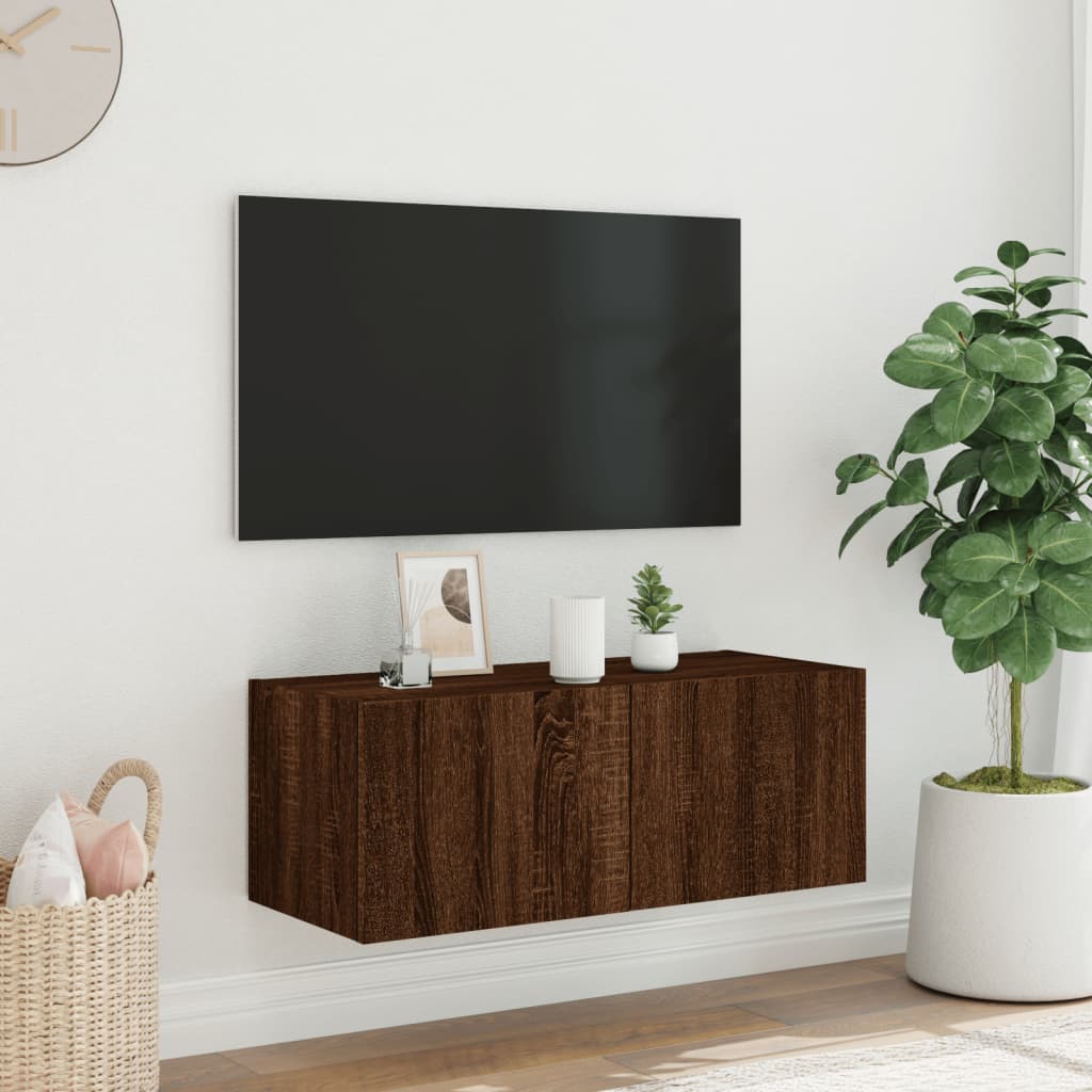 vidaXL Mobile TV a Parete con Luci LED Rovere Marrone 80x35x31 cm