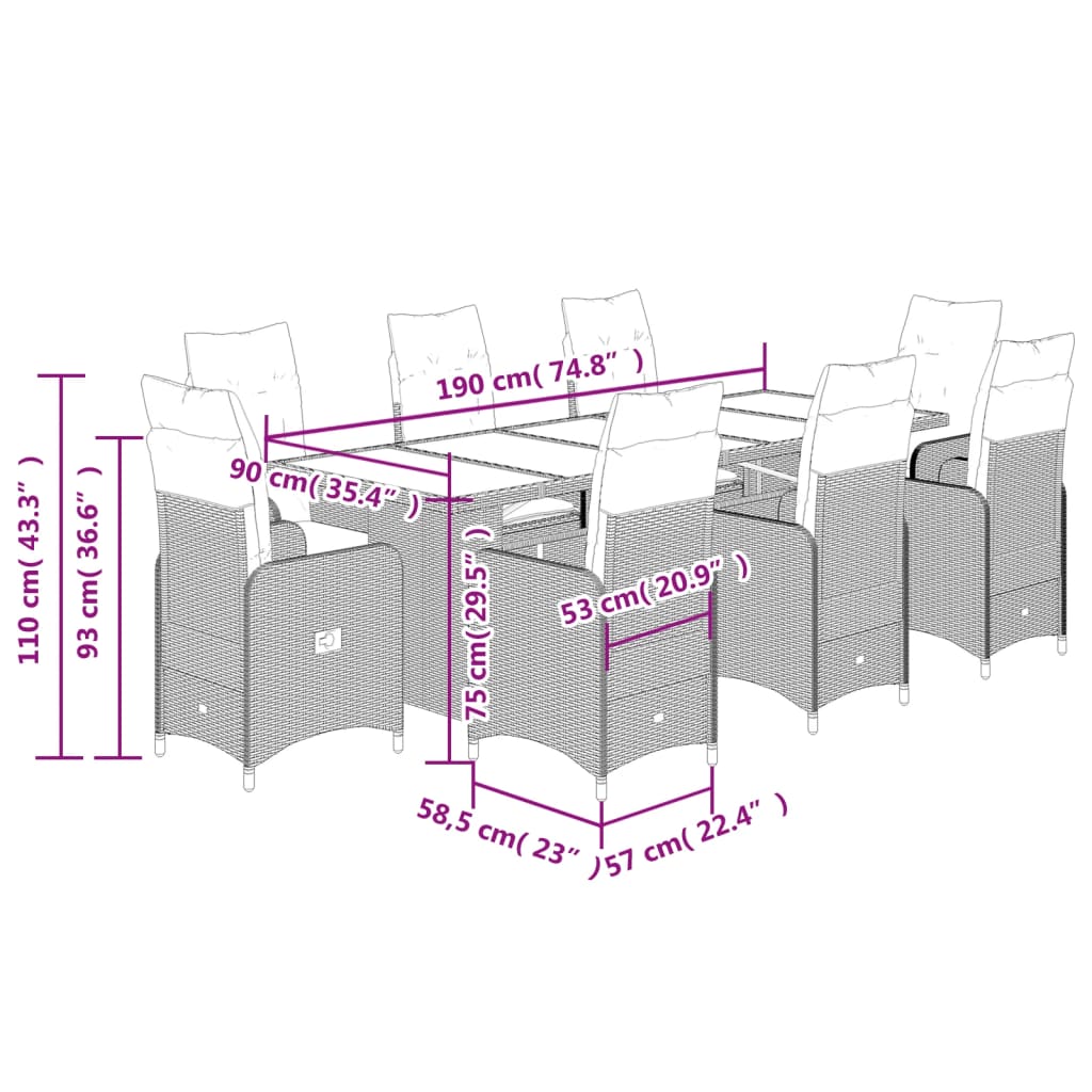 vidaXL Set da Bistrò da Giardino 9 pz con Cuscini Beige in Polyrattan