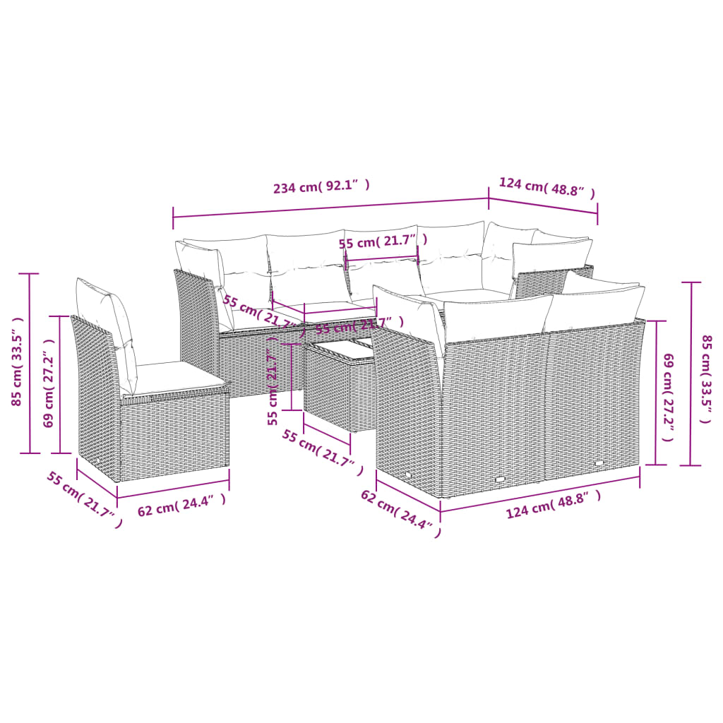 vidaXL Set Divano da Giardino 9 pz con Cuscini Beige in Polyrattan