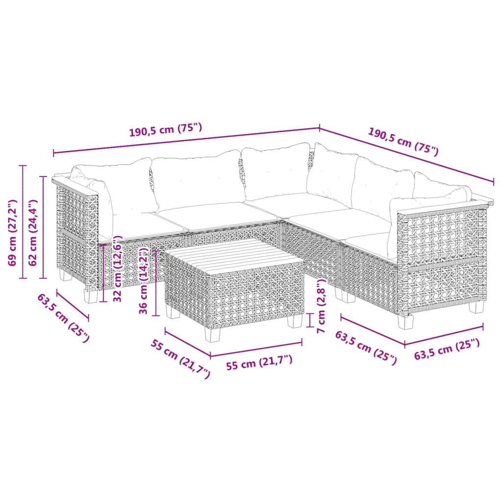 vidaXL Set Divano da Giardino 6 pz con Cuscini Nero in Polyrattan